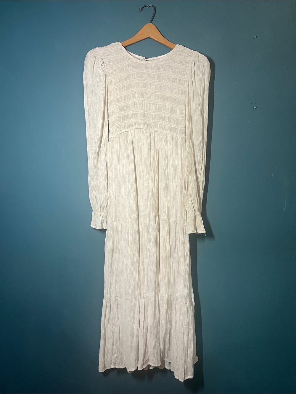 Ivory Long Sleeve Maxi Dress with Elastic Smocked Bodice by August Sky S